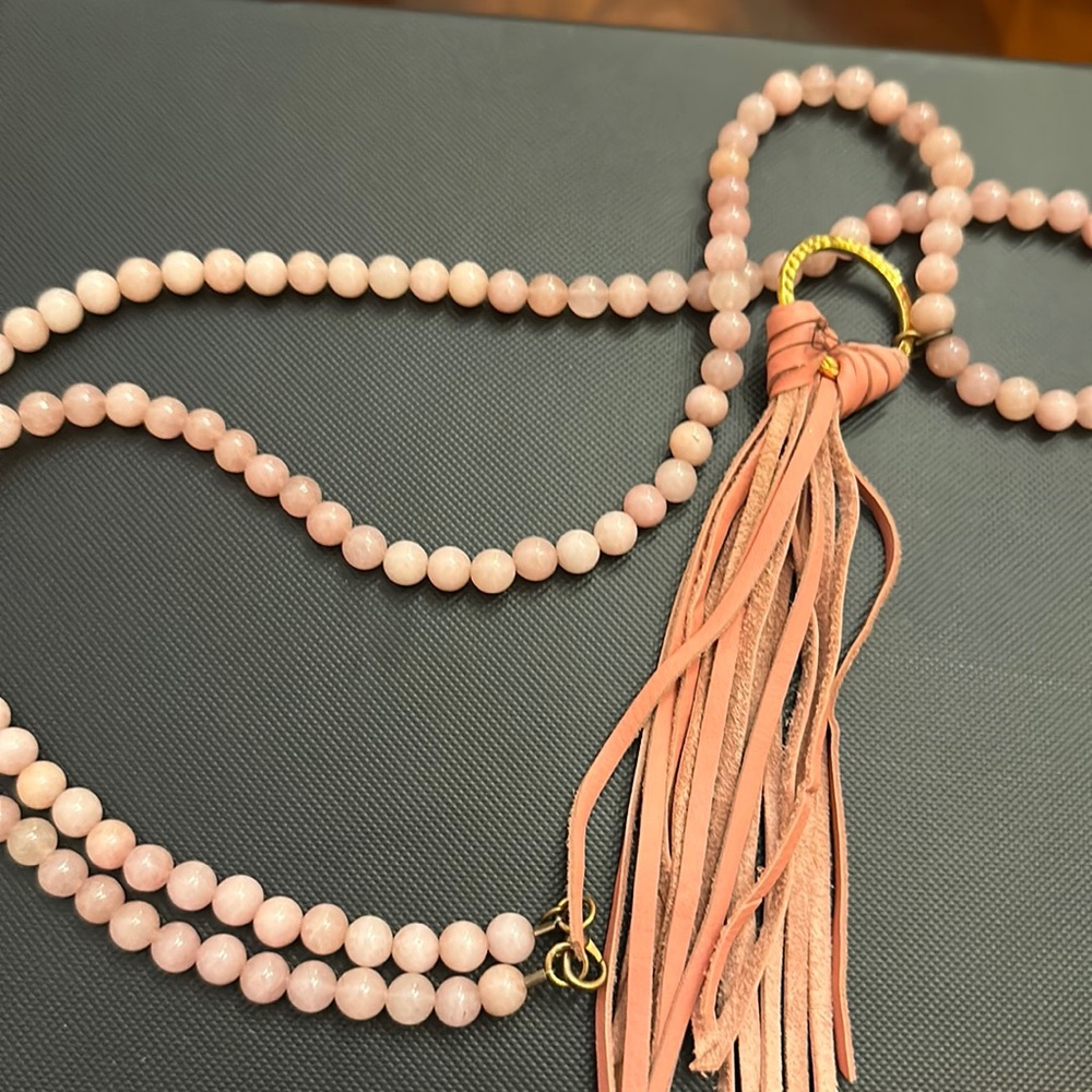 Pink Rose Quartz beaded leather tassel necklace